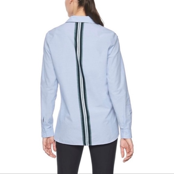 ATHLETA CHAMBRAY MARINWOOD STRIPED POPLIN RELAXED LIGHT BLUE BUTTON DOWN TOP - Picture 2 of 16